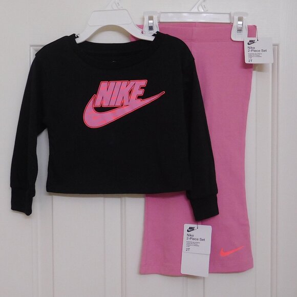 NWT 2pc Nike Black Pink Swoosh Logo Top & Flared Pants sz 6 - Picture 1 of 1
